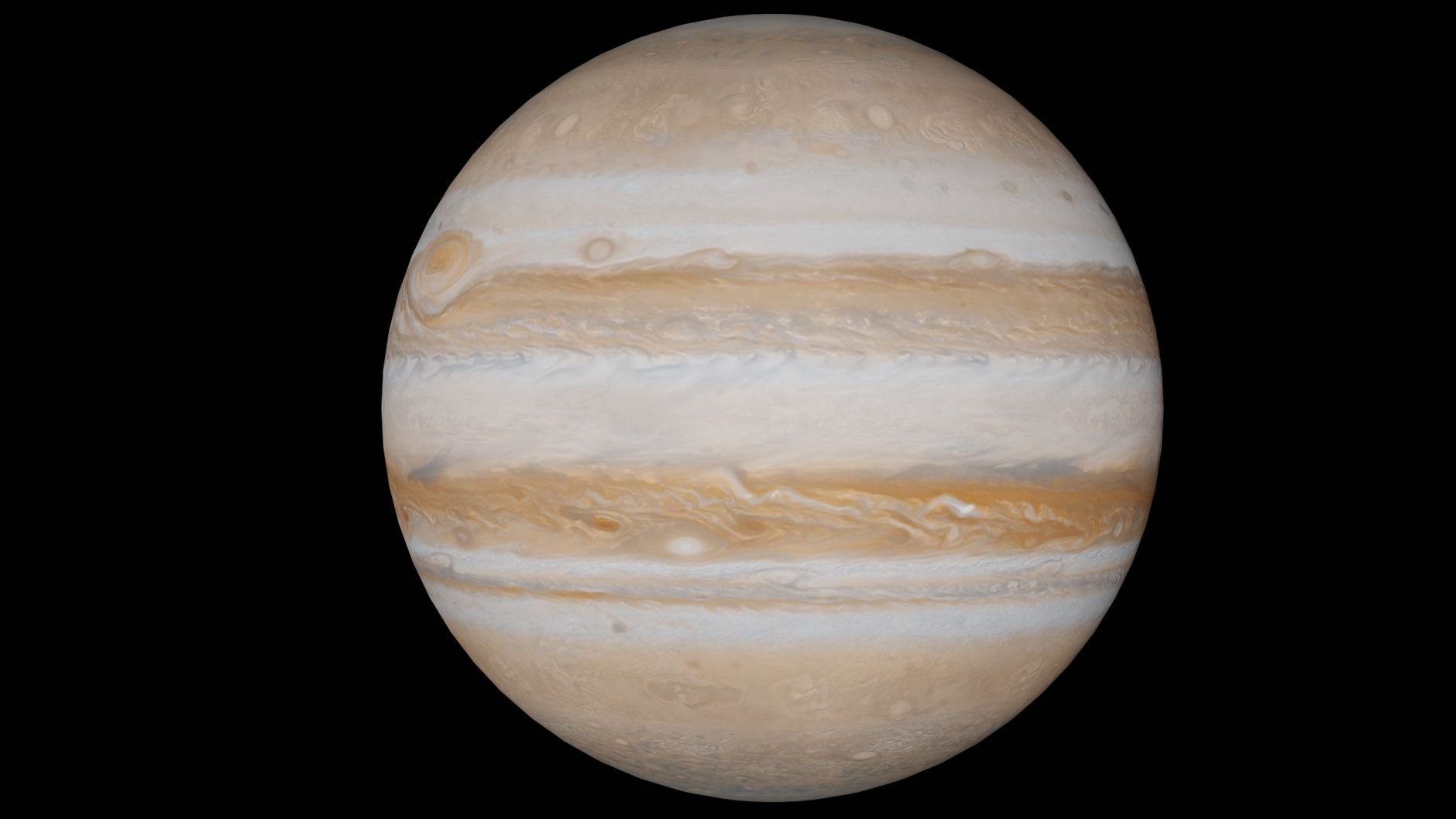 Illustration of Planet Jupiter in deep space, glowing in shades of orange and brown against a backdrop of distant stars.