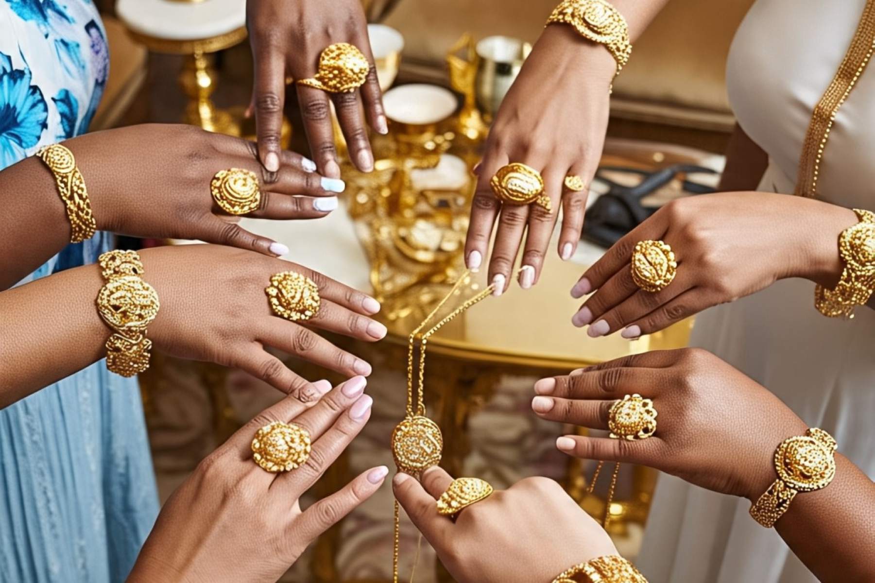 Buatkan gambar: Emak-emak indonesia memamerkan perhiasan emas yang dipakai, mulai dari gelang, kalung cincin.