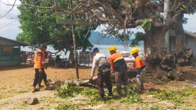 Polisi Peduli, Personel Satpolairud Polres Bima Kabupaten Bantu Warga Bersihkan Ranting dan Dahan Pohon Yang Menutupi Badan Jalan