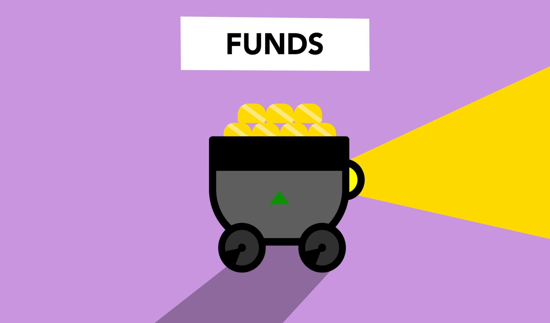 A mine cart filled with gold coins labeled FUNDS against a purple background, representing a sinking fund financial strategy.