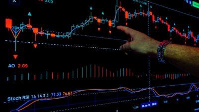 Seorang trader menunjuk grafik pasar keuangan pada layar komputer untuk keuntungan menjadi investor.
