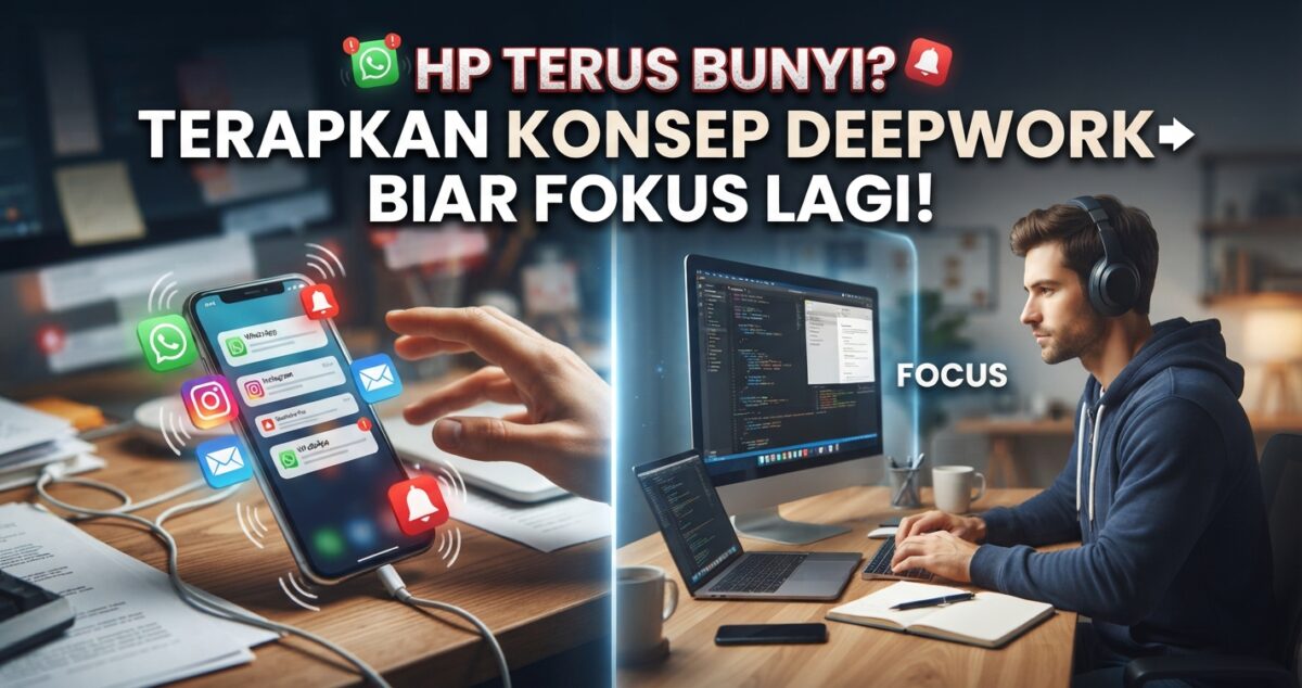 Infographic comparing a distracted phone user with app notifications to a focused professional applying the Konsep Deepwork.